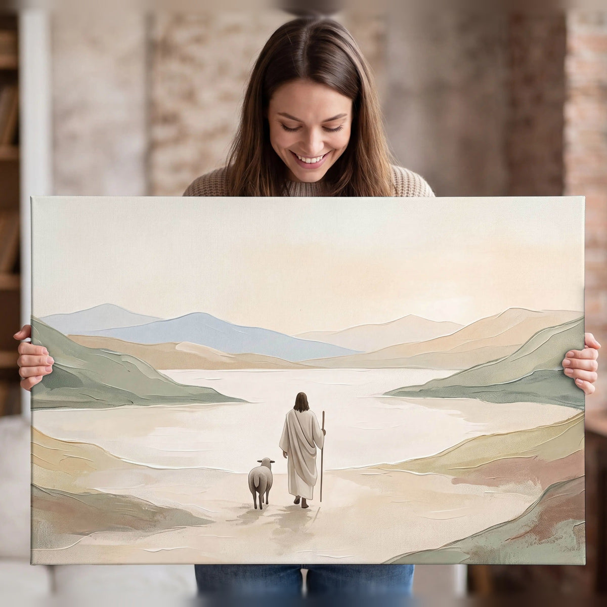 Minimalist Good Shepherd painting canvas wall art held in hands