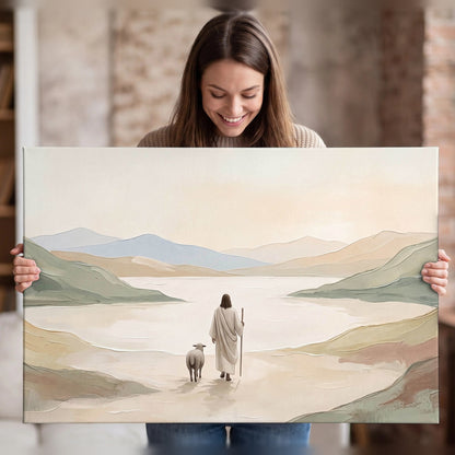 Minimalist Good Shepherd painting canvas wall art held in hands