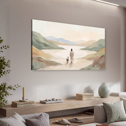Minimalist Good Shepherd painting canvas wall art in a living room above a console