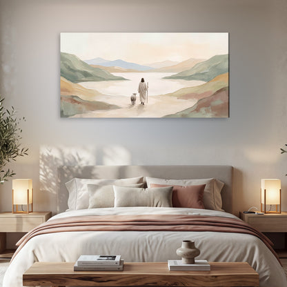 Minimalist Good Shepherd painting canvas wall art in a bedroom above the bed