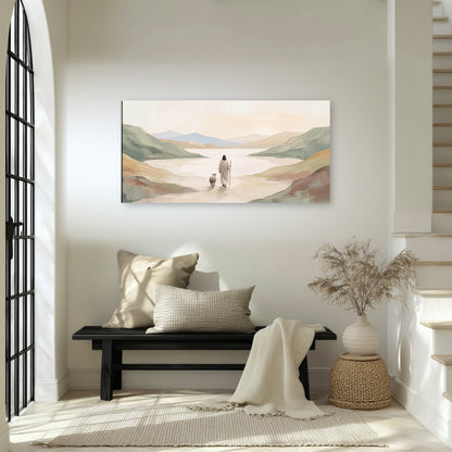 Minimalist Good Shepherd painting canvas wall art in an entryway above a bench