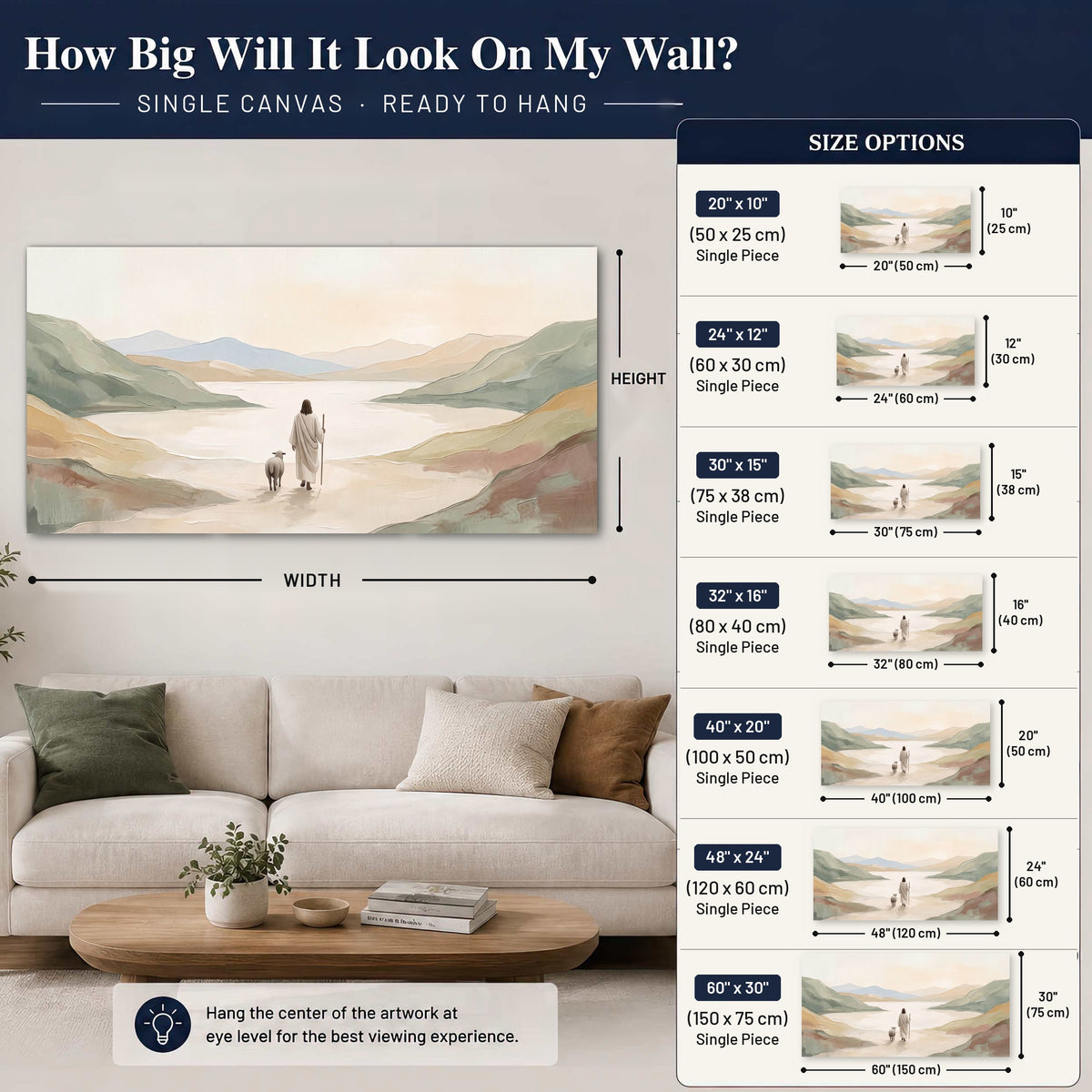 Minimalist Good Shepherd painting canvas wall art size guide above a sofa