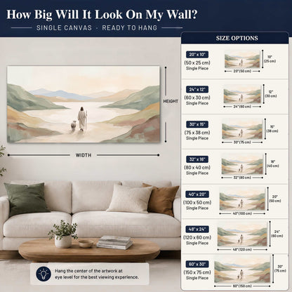 Minimalist Good Shepherd painting canvas wall art size guide above a sofa
