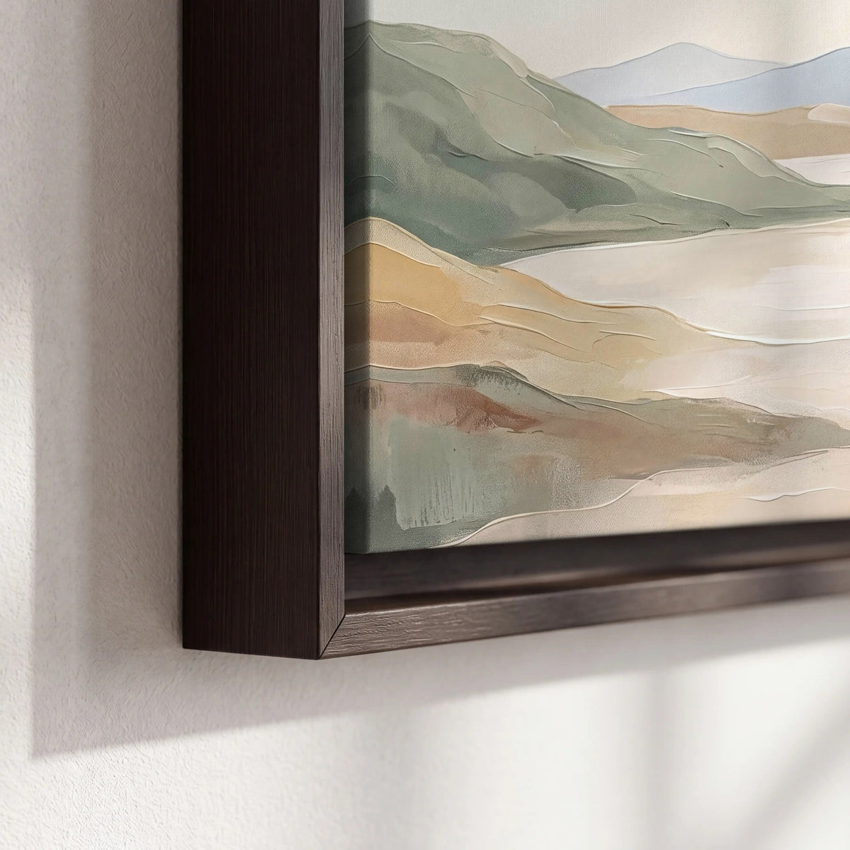 Minimalist Good Shepherd painting framed canvas close-up showing the floating frame