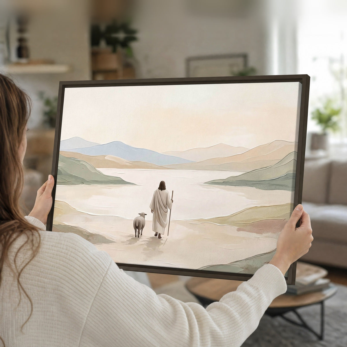 Minimalist Good Shepherd painting framed canvas held in hands