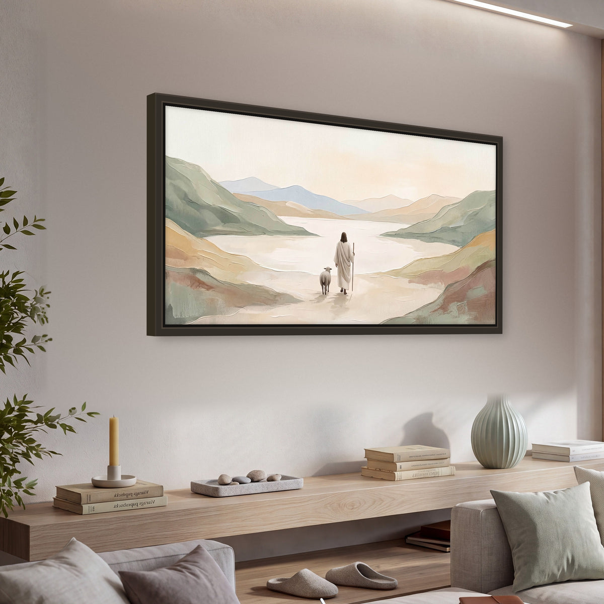 Minimalist Good Shepherd painting framed canvas wall art in a living room above a console