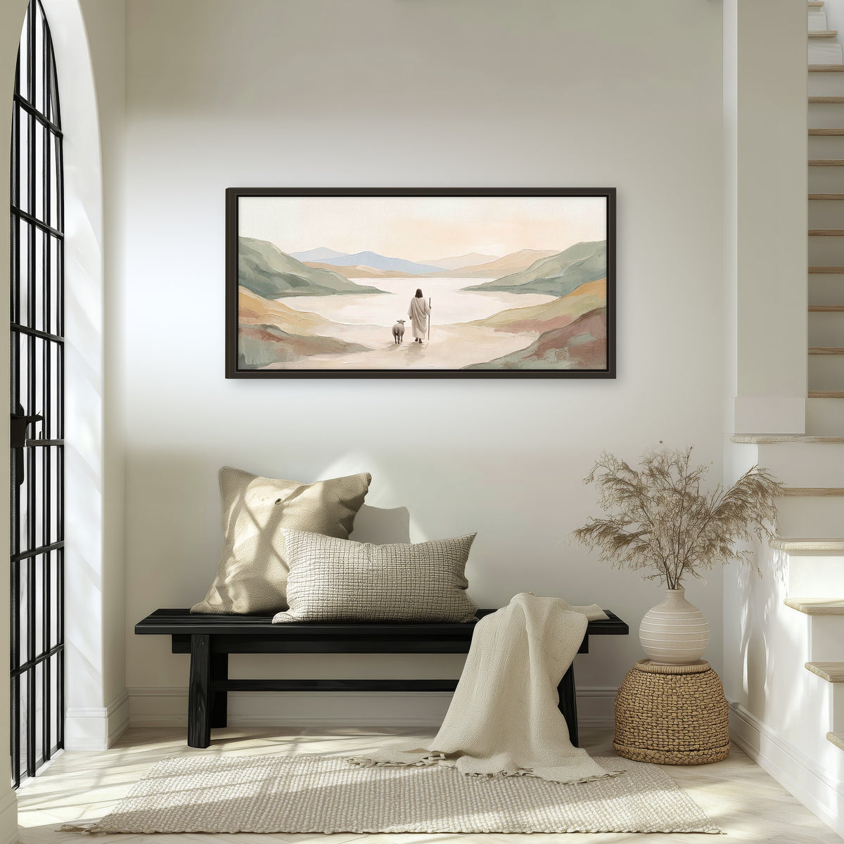 Minimalist Good Shepherd painting framed canvas wall art in an entryway above a bench