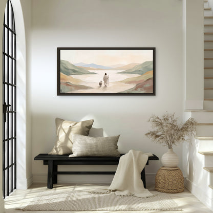 Minimalist Good Shepherd painting framed canvas wall art in an entryway above a bench