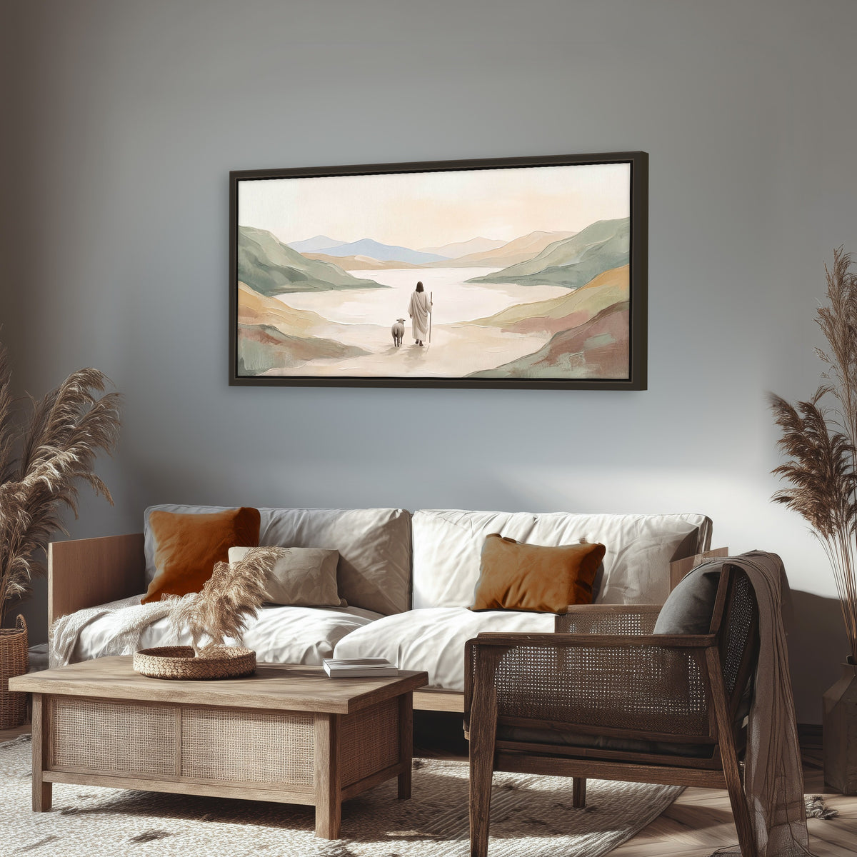 Minimalist Good Shepherd painting framed canvas wall art in a rustic living room