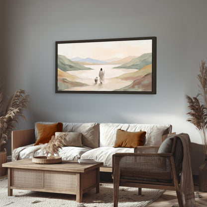 Minimalist Good Shepherd painting framed canvas wall art in a rustic living room