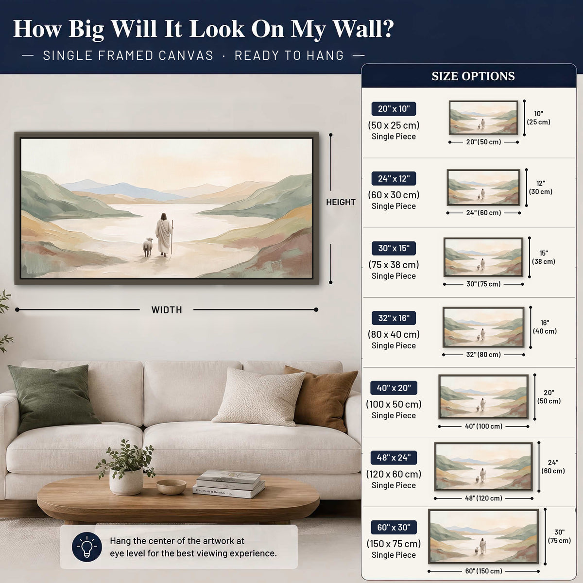Minimalist Good Shepherd painting framed canvas wall art size guide above a sofa