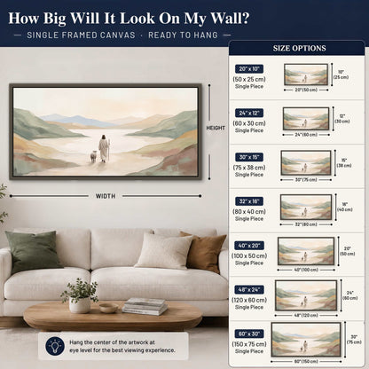 Minimalist Good Shepherd painting framed canvas wall art size guide above a sofa