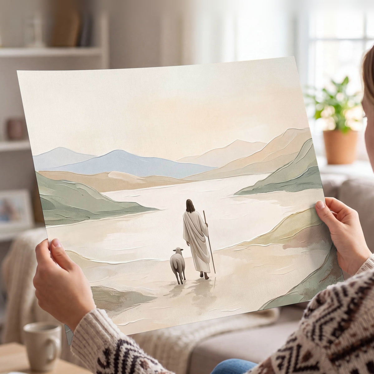 Minimalist Good Shepherd painting poster print held in hands