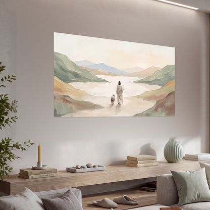 Minimalist Good Shepherd painting poster print in a living room above a console
