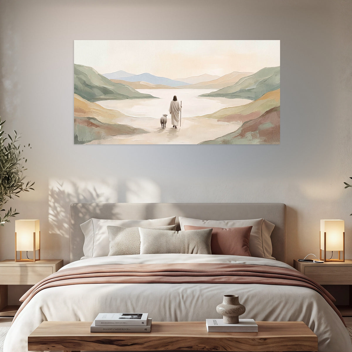 Minimalist Good Shepherd painting poster print in a bedroom above the bed