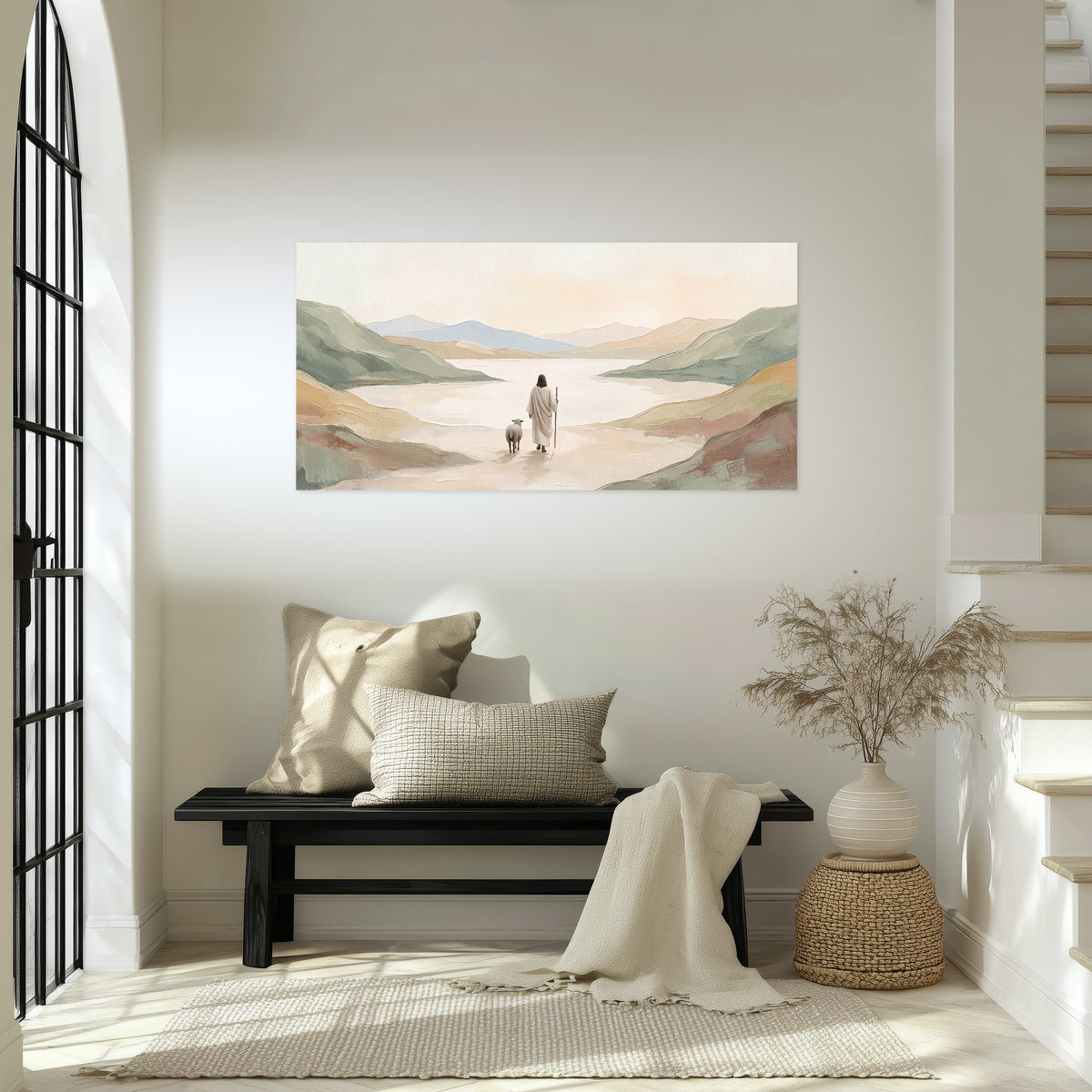 Minimalist Good Shepherd painting poster print in an entryway above a bench