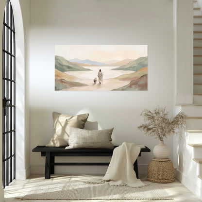 Minimalist Good Shepherd painting poster print in an entryway above a bench