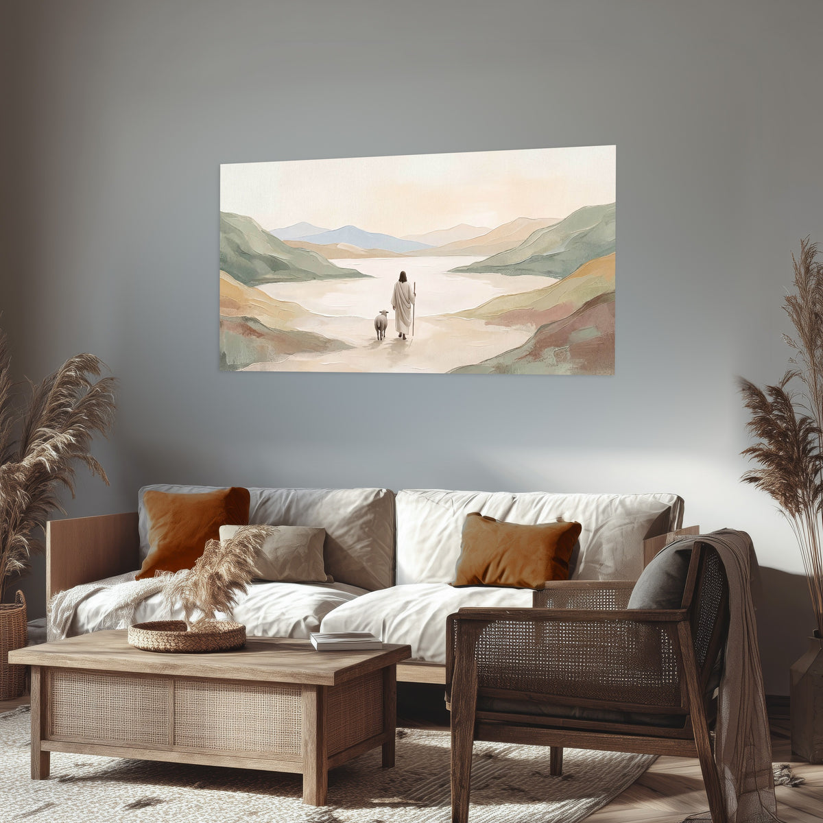 Minimalist Good Shepherd painting poster print in a rustic living room