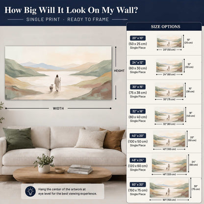 Minimalist Good Shepherd painting poster print size guide above a sofa