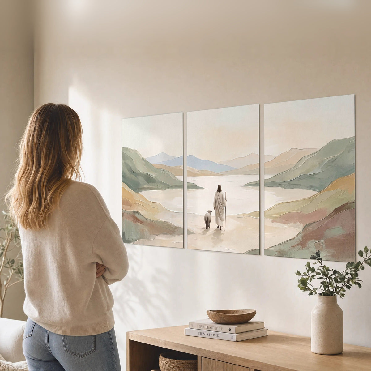 Minimalist Good Shepherd painting set of 3 poster prints in a living room