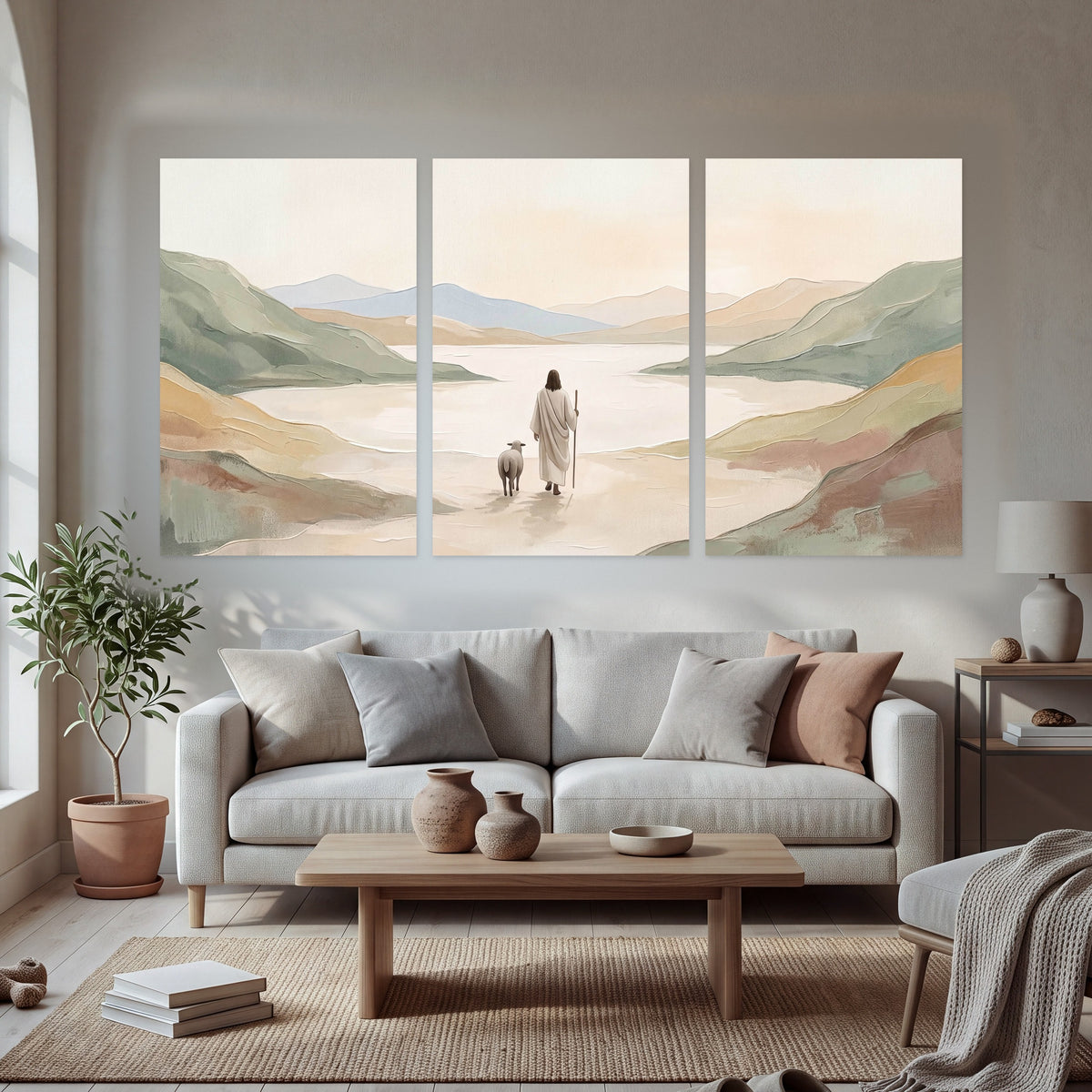 Minimalist Good Shepherd painting set of 3 poster prints in a bright living room