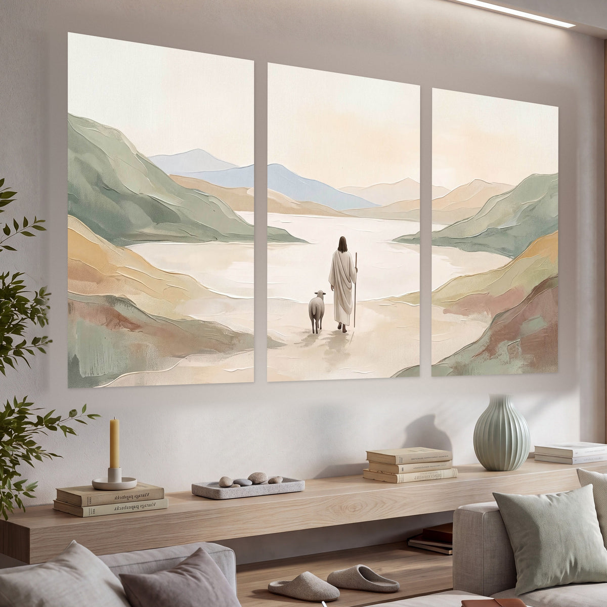 Minimalist Good Shepherd painting set of 3 poster prints in a living room above a console
