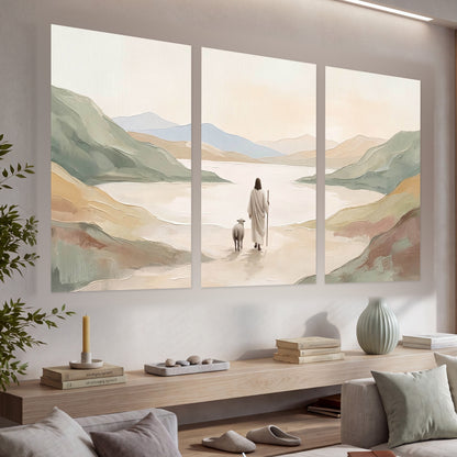 Minimalist Good Shepherd painting set of 3 poster prints in a living room above a console