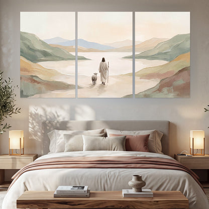 Minimalist Good Shepherd painting set of 3 poster prints in a bedroom above the bed
