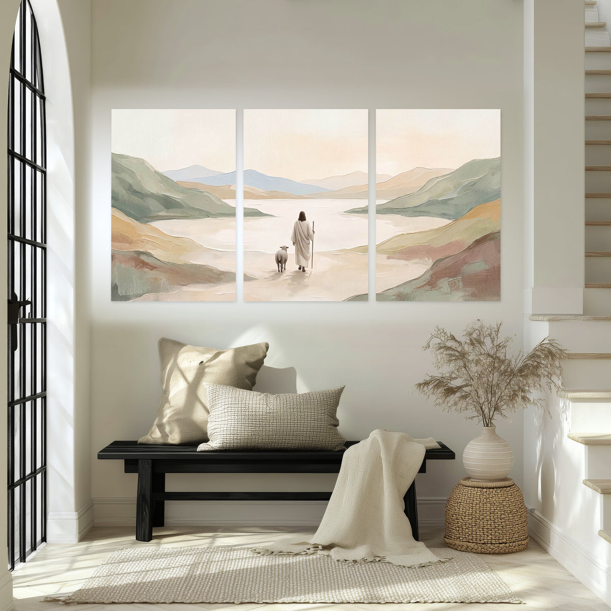 Minimalist Good Shepherd painting set of 3 poster prints in an entryway above a bench