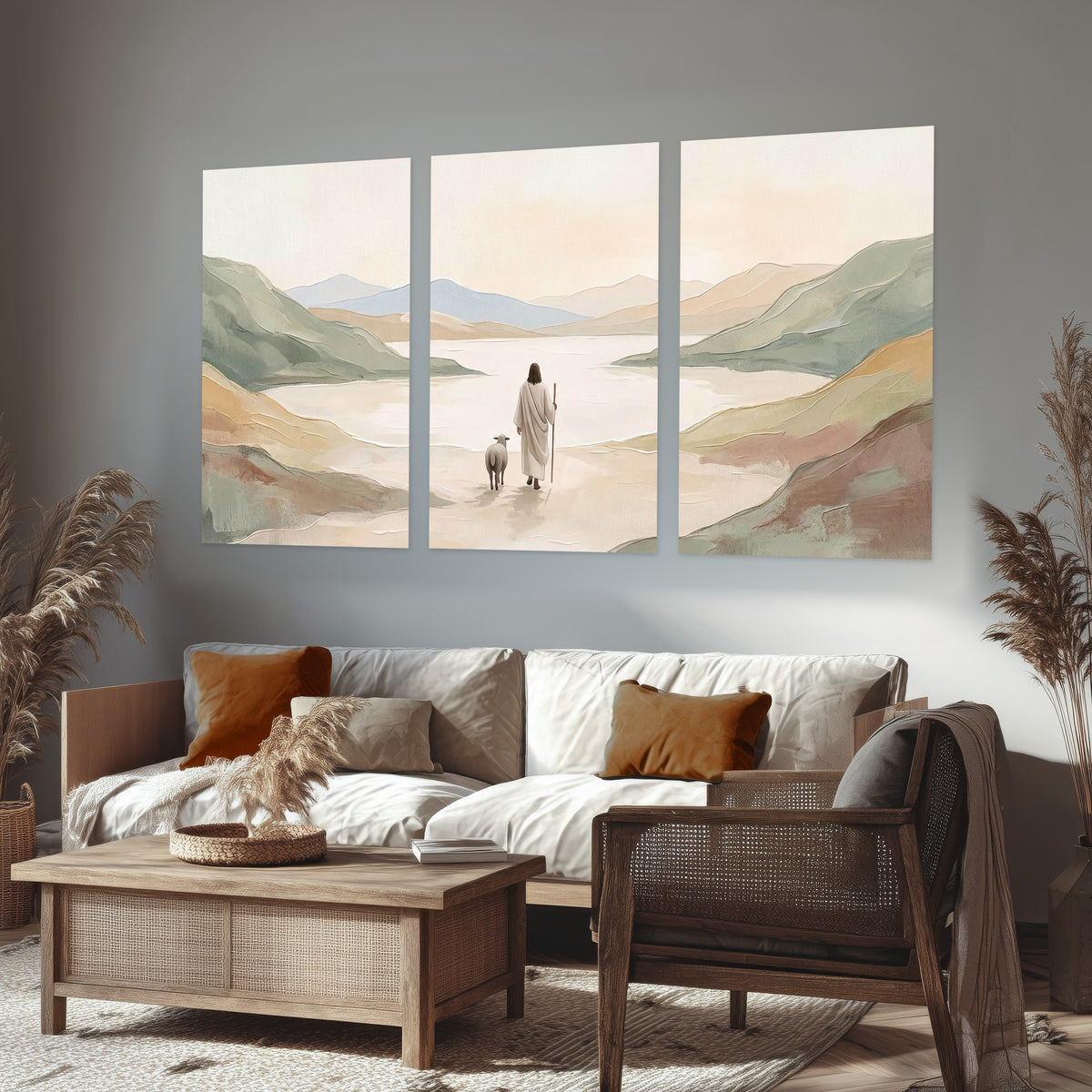 Minimalist Good Shepherd painting set of 3 poster prints in a rustic living room