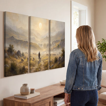 Shepherd and flock painting 3 piece canvas wall art in a living room