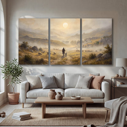 Shepherd and flock painting 3 piece canvas wall art in a bright living room