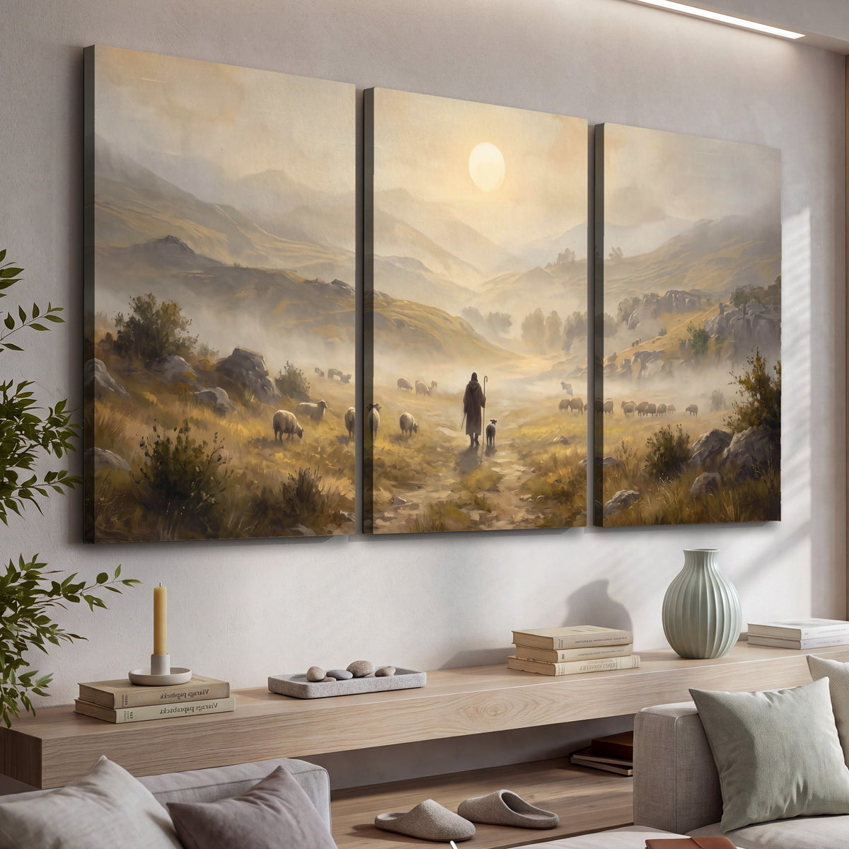 Shepherd and flock painting 3 piece canvas wall art in a living room above a console