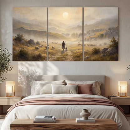 Shepherd and flock painting 3 piece canvas wall art in a bedroom above the bed