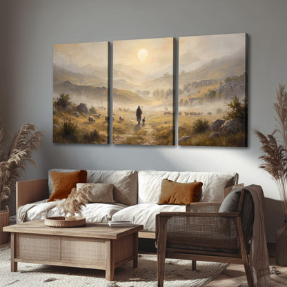 Shepherd and flock painting 3 piece canvas wall art in a rustic living room
