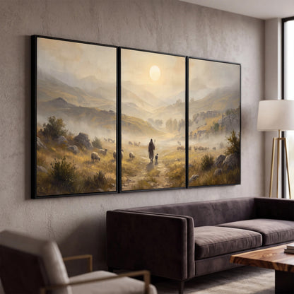 Shepherd and flock painting 3 piece canvas wall art in a modern living room