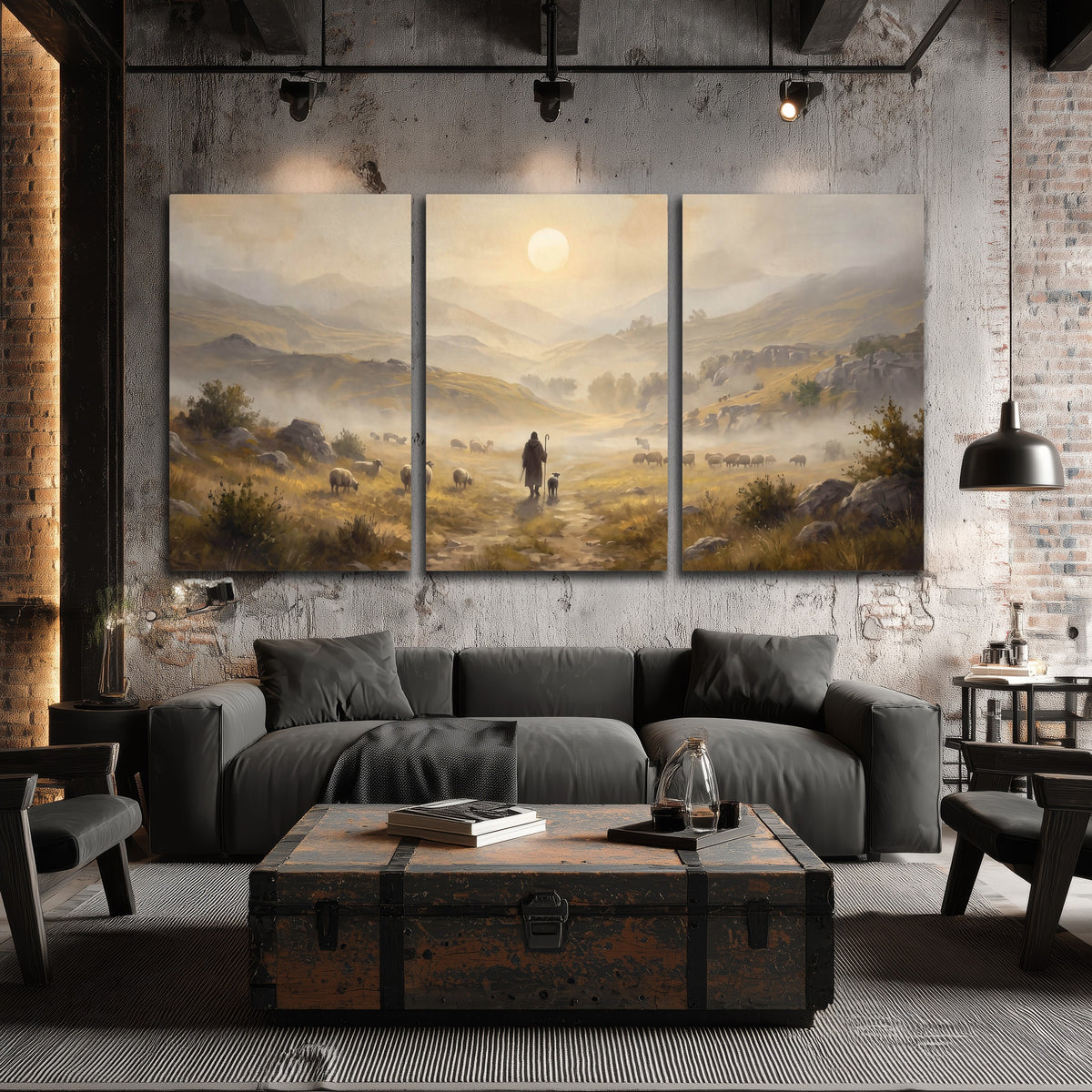Shepherd and flock painting 3 piece canvas wall art in an industrial loft
