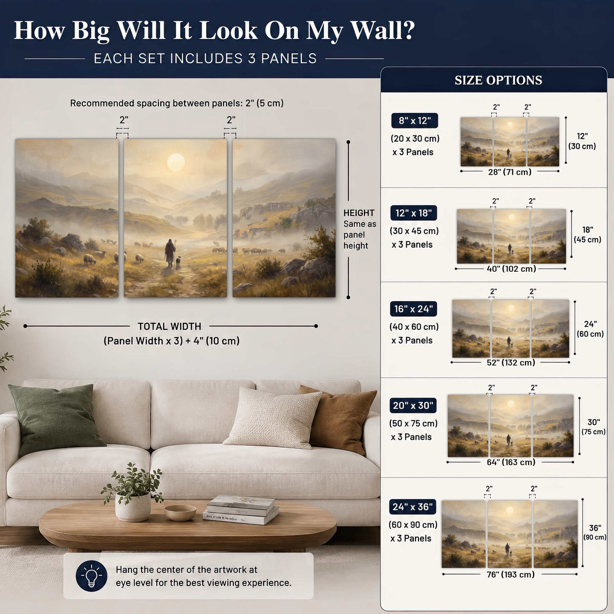Shepherd and flock painting 3 piece canvas wall art size guide above a sofa