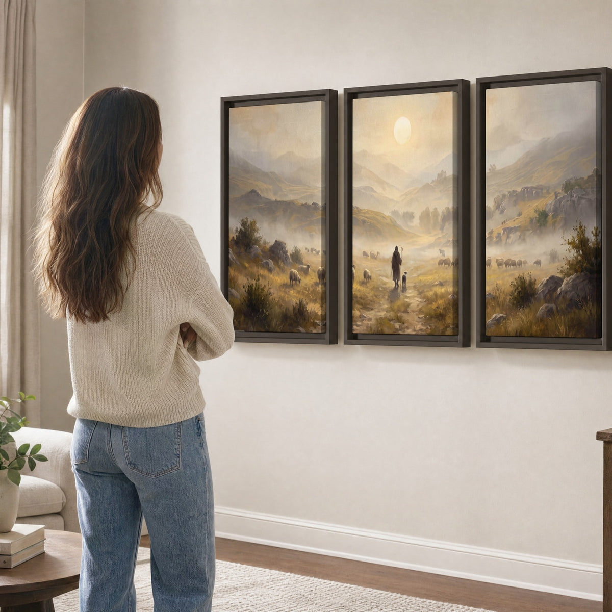 Shepherd and flock painting 3 piece framed canvas in a living room