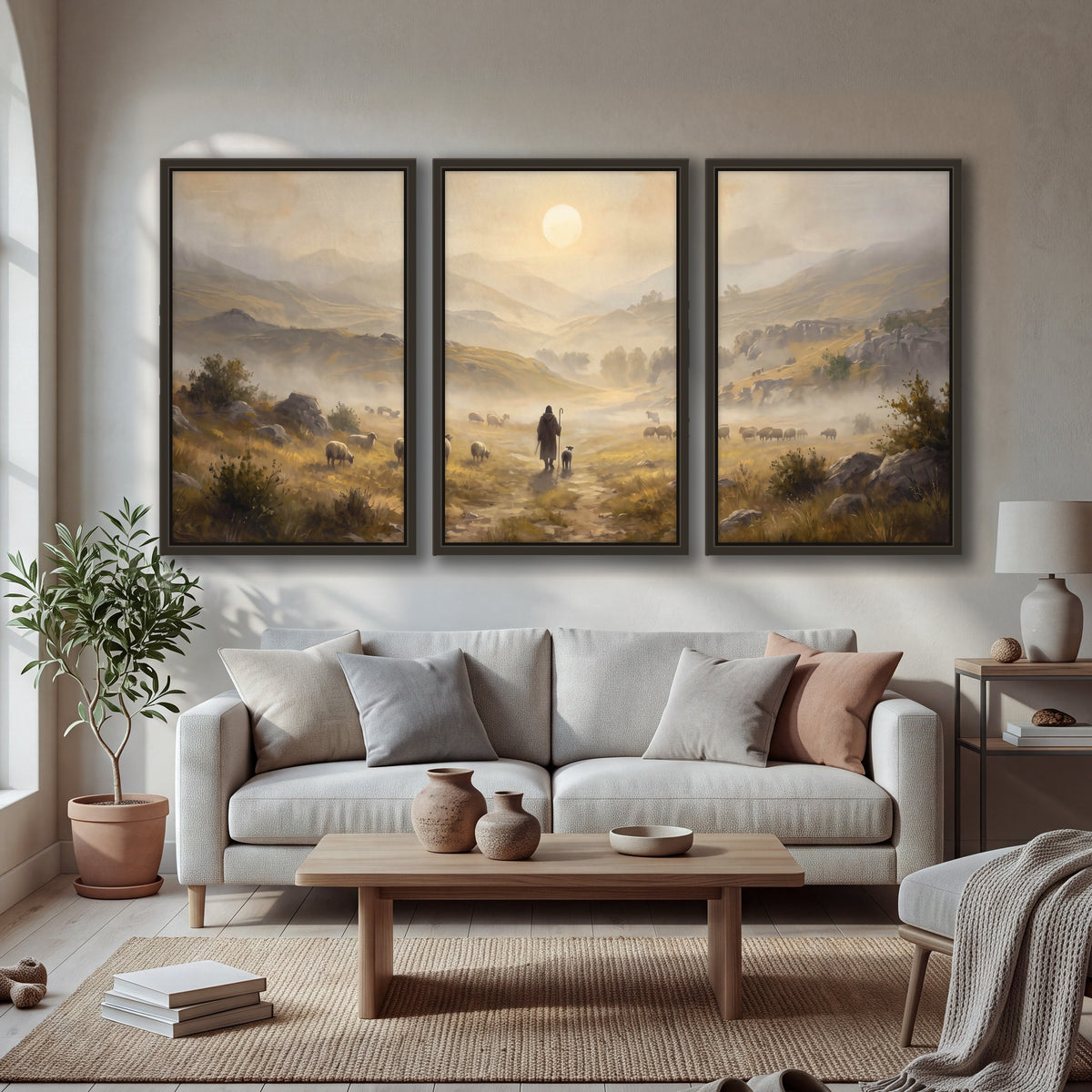 Shepherd and flock painting 3 piece framed canvas in a bright living room