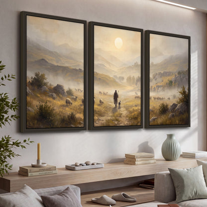 Shepherd and flock painting 3 piece framed canvas in a living room above a console