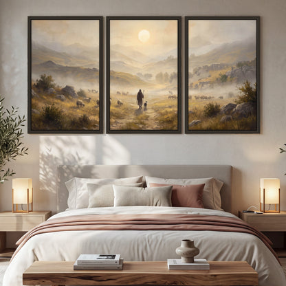 Shepherd and flock painting 3 piece framed canvas in a bedroom above the bed