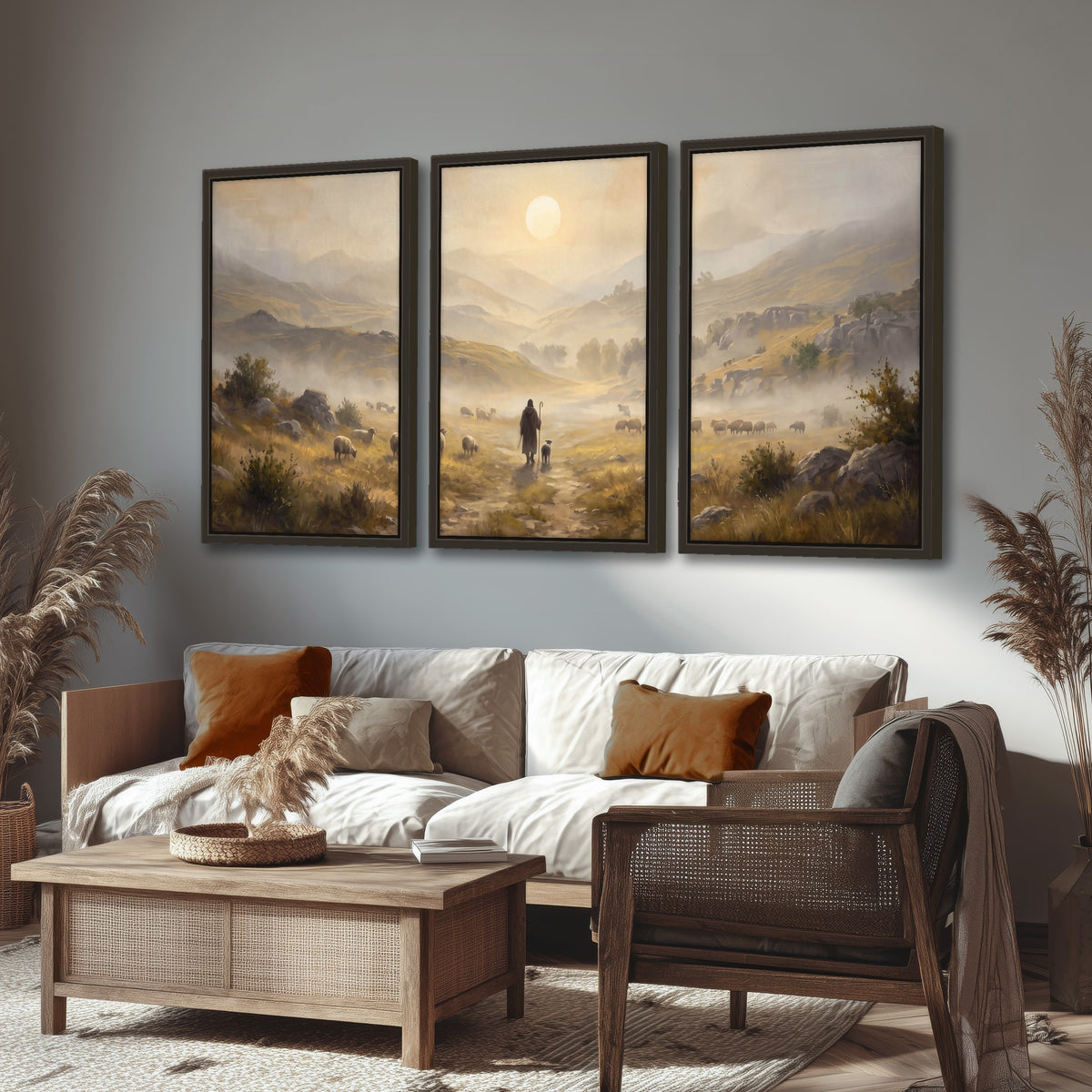 Shepherd and flock painting 3 piece framed canvas in a rustic living room