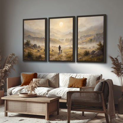 Shepherd and flock painting 3 piece framed canvas in a rustic living room