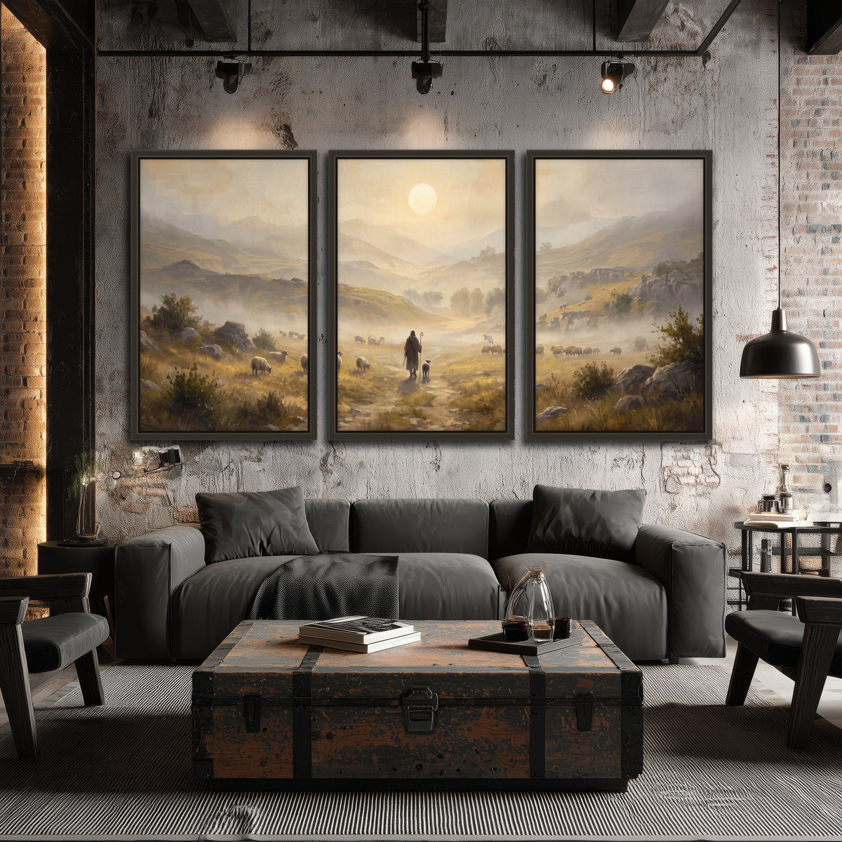 Shepherd and flock painting 3 piece framed canvas in an industrial loft