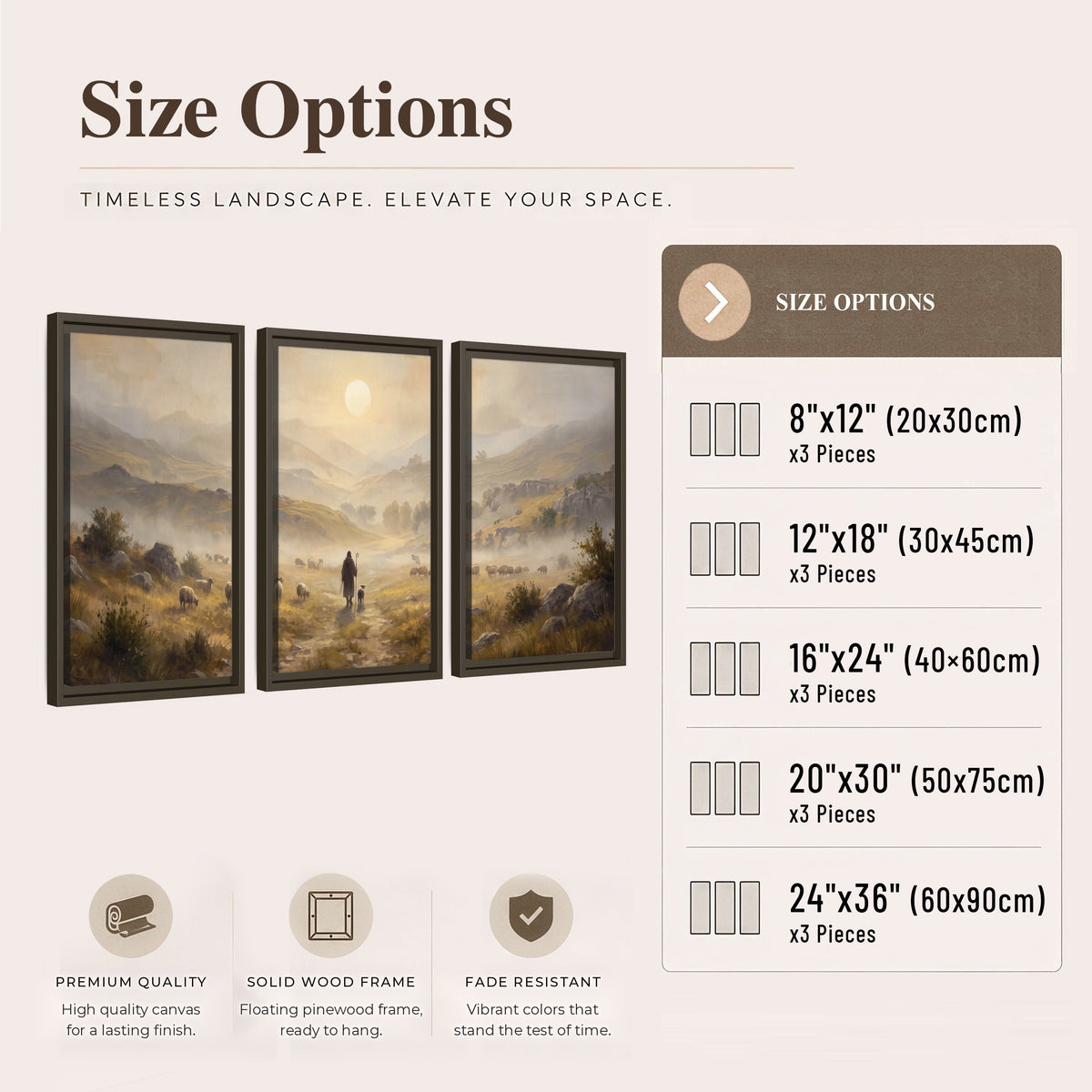 Shepherd and flock painting 3 piece framed canvas size options