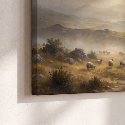 Shepherd and flock painting canvas print close-up showing the gallery-wrapped edge