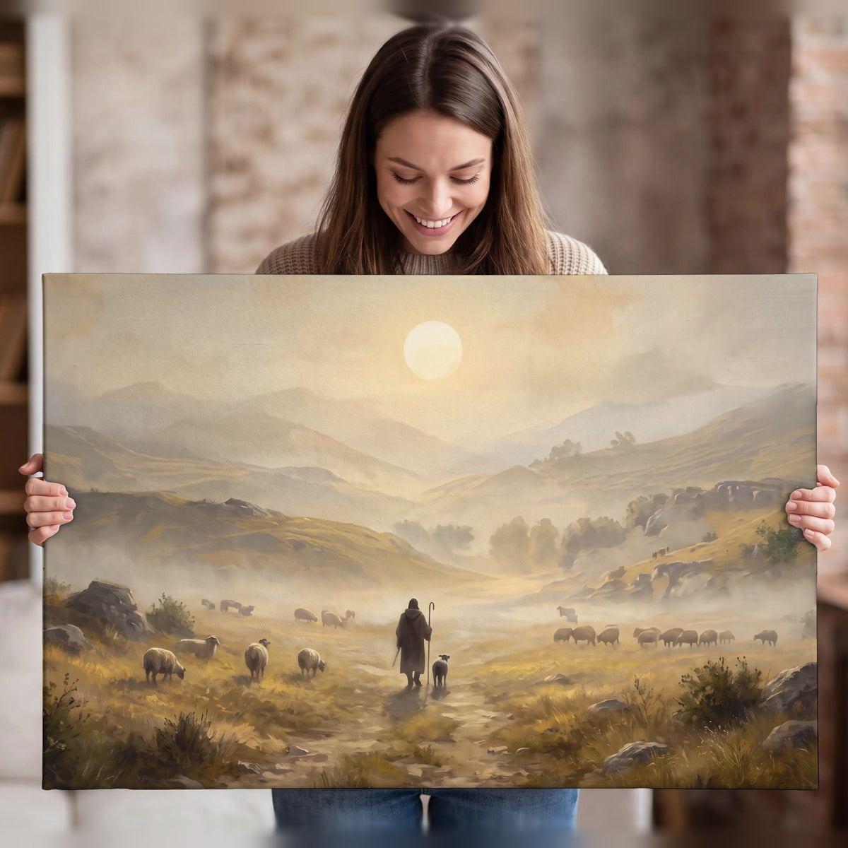 Shepherd and flock painting canvas wall art held in hands