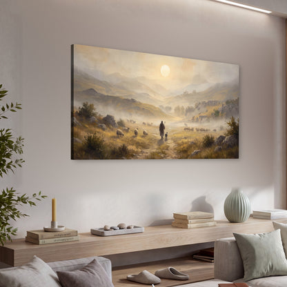 Shepherd and flock painting canvas wall art in a living room above a console