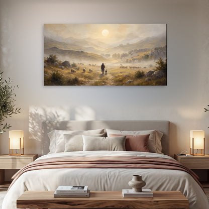 Shepherd and flock painting canvas wall art in a bedroom above the bed